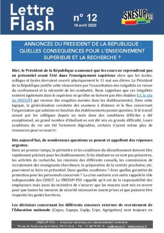 Annonces du Président de la République :  quelles conséquences pour l'ESR ? - Lettre Flash n°12 du 14 avril 2020 