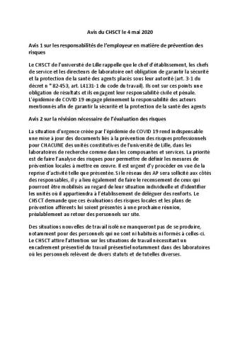 AVIS des CHSCT d'établissements / COVID 19 