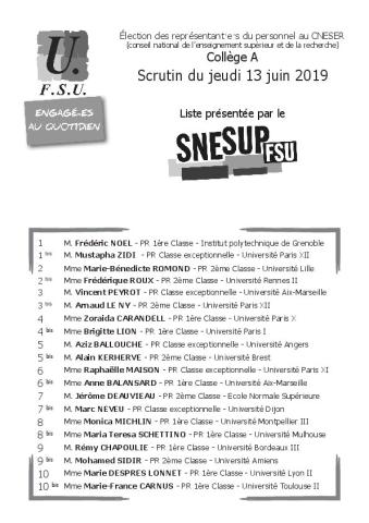 Elections CNESER - Liste des candidats Collège A et B - Scrutin du 13 juin 2019