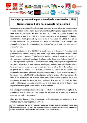 Loi de programmation pluriannuelle de la recherche (LPPR) : Nous refusons d'être mis devant le fait accompli - Communiqué intersyndical du 8 juin 2020