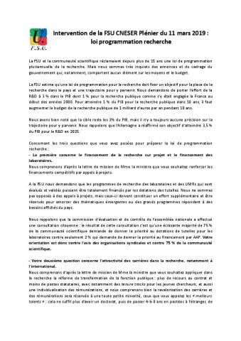 Intervention du SNCS-FSU, SNASUB-FSU et SNESUP-FSU au CNESER Plénier Exceptionnel du 11 mars 2019 sur la loi de programmation pour la recherche
