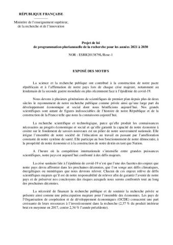 Projet de loi de programmation pluriannuelle de la recherche (LPPR) pour les années 2021 à 2030  -  version du 5 juin 2020