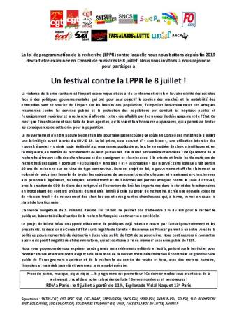 Un festival contre la LPPR le 8 juillet ! - CP intersyndical du 3 juillet 2020