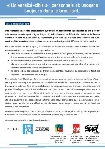 « Université-cible » : personnels et usagers toujours dans le brouillard… - Communiqué intersyndical des universités de Lyon, 20 septembre 2018