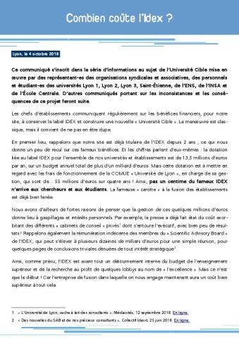 Combien coûte l'Idex ? - Communiqué intersyndical des universités de Lyon, 4 octobre 2018