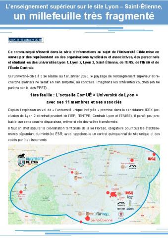 L'enseignement supérieur sur le site Lyon-Saint-Étienne, UN MILLEFEUILLE TRÈS FRAGMENTÉ - Communiqué intersyndical des universités de Lyon, 18 octobre 2018