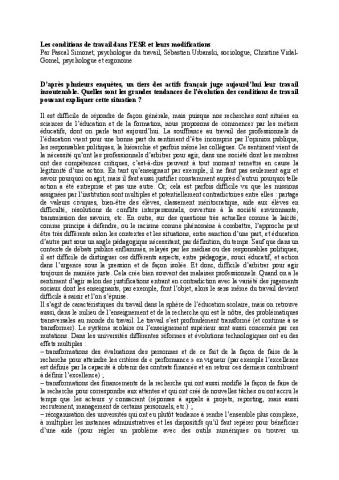 Les conditions de travail dans l’ESR et leurs modifications
