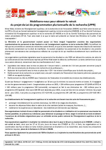 Mobilisons-nous pour obtenir le retrait du projet de Loi de programmation pluriannuelle de la recherche (LPPR) - Communiqué intersyndical de l'ESR du 10 juin 2020