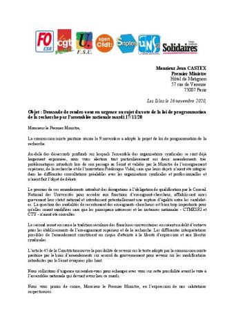 Courrier de l'intersyndicale de l'ESR au premier ministre - lettre du 16 novembre 2020