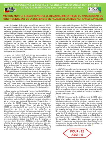 MOTION  CNESER: ANR, DESEQUILIBRE EXTREME DU FINANCEMENT DE LA RECHERCHE PAR APPELS A PROJETS