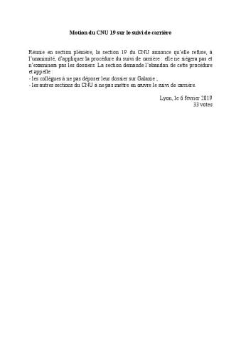 Motion de la 19ème section du CNU sur le suivi de carrière, 6 février 2019