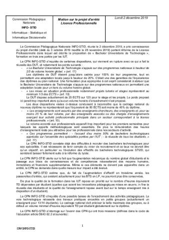 Motion de la Commission Pédagogique Nationale INFO- STID Informatique - Statistique et Informatique Décisionnelle