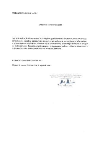 Motion France compétences au CNESER du 13 novembre 2018