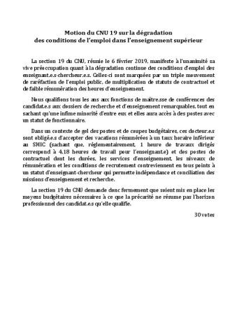Motion de la 19ème section du CNU sur la dégradation des conditions de l'emploi dans l'enseignement supérieur, 6 février 2019