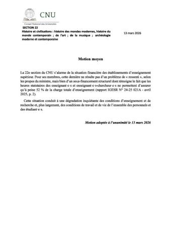 Motions de la section 22 du CNU : Budget, CRCT, fonctionnement du CNU, et autonomie EC/libertés académiques. 