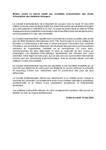 UNIVERSITE DE LORRAINE - Motion contre les droits différenciés - 19 mai 2026