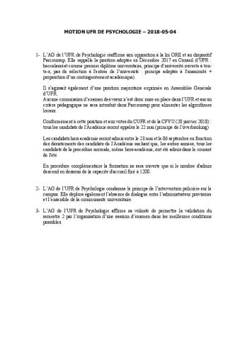 Université Toulouse Jean Jaurès : Motion de l'UFR de Psychologie, 4 mai 2018