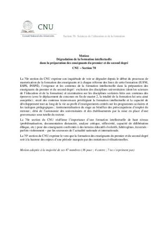Motion CNU 70e section : sur la Formation des enseignants