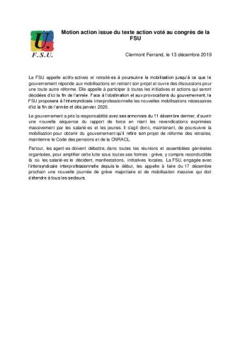 Motion Action votée au congrès de la FSU 2019 - 13 décembre 2019