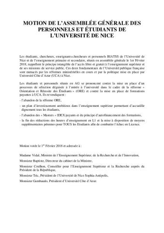 Université de Nice : Motion de l'AG des personnels et étudiants - 1er février 2018