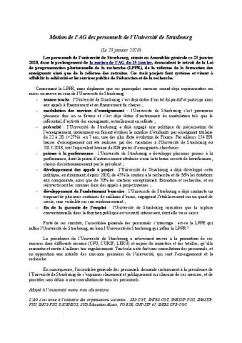 Université de Strasbourg : Motion de l'assemblée générale des personnels réunie le 23 janvier 2020