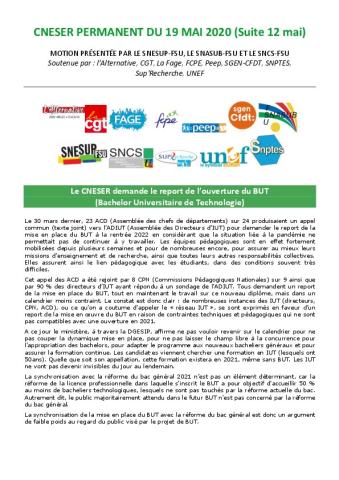 Le CNESER demande le report de l’ouverture du BUT (Bachelor Universitaire de Technologie) - Motion du CNESER permanent 19 mai 2020 
