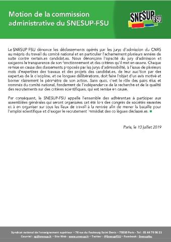 Motion de la commission administrative du 10 juillet 2019