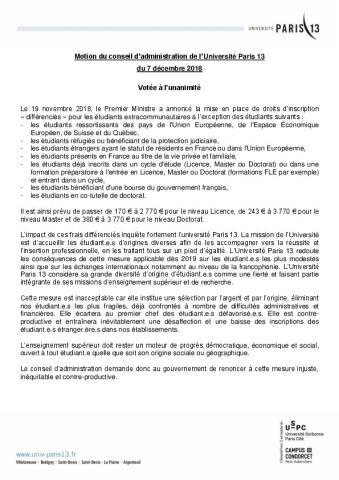 Université Paris 13 : Motion du conseil d'administration du 7 décembre 2018