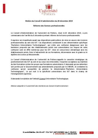 Motion   du Conseil d’administration de l'université de Poitiers du 20 décembre 2019 sur la réforme des licences professionnelles
