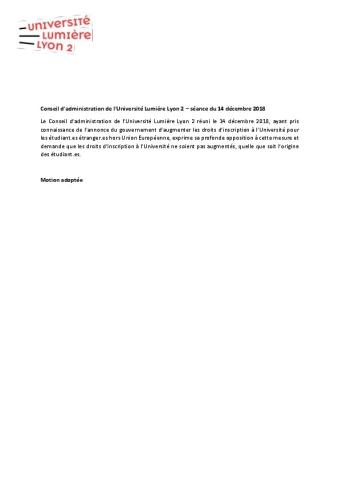 Université Lumière Lyon 2 : Motion adoptée par le conseil d’administration du 14 décembre 2018