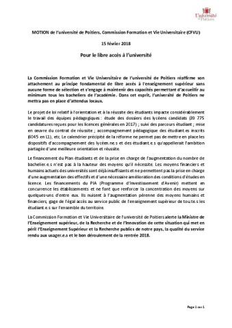 Université de Poitiers : Motion de la CFVU du 15 février 2018 « Pour le libre accès à l’université »