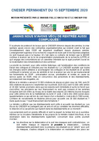 Jamais nous n'avons vécu de rentrée aussi compliquée ! - Motion présentée au CNESER permanent du 15 septembre 2020