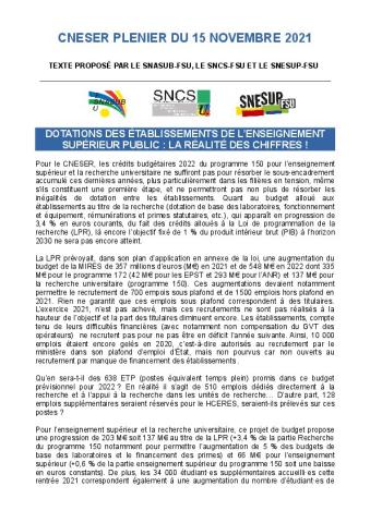 Dotations des établissements de l'enseignement supérieur public : la réalité des chiffres ! -  Motion votée au CNESER plénier du 15 novembre 2021