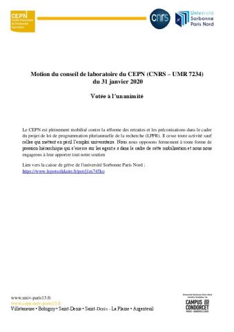 Université Sorbonne Paris Nord (ex 13) :  Cessation d'activité et motion du conseil de laboratoire du CEPN sur la LPPR et le projet de réforme des retraites, 31 janvier 2020