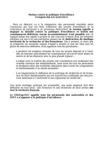 Congrès de Nanterre 2011: Motion contre la politique d'excellence