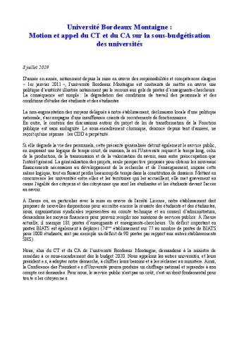 Université Bordeaux Montaigne : Motion et appel du CA et du CT sur la sous-budgétisation des universités - 8 juillet 2019