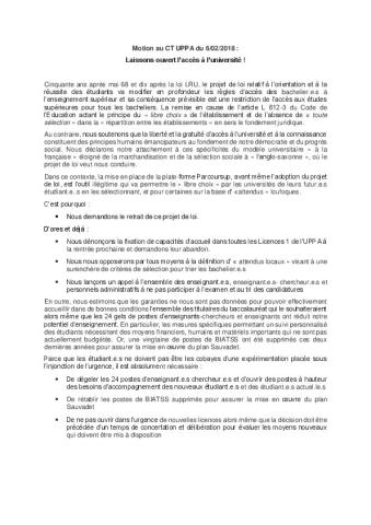 Université de Pau et des Pays de l'Adour : Motion au CT du 6 février 2018 - Laissons ouvert l’accès à l’université !