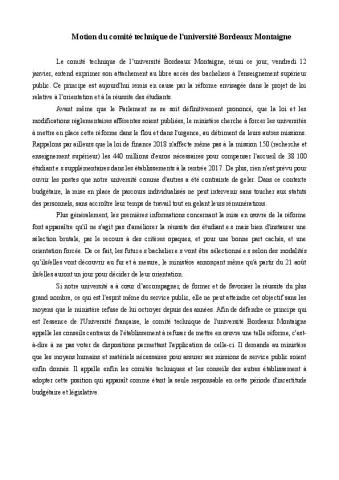 Université Bordeaux Montaigne - Motion du comité technique