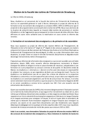 Université de Strasbourg : Motion de l'assemblée générale des étudiants et personnels de la Faculté des Lettres, 3 février 2020
