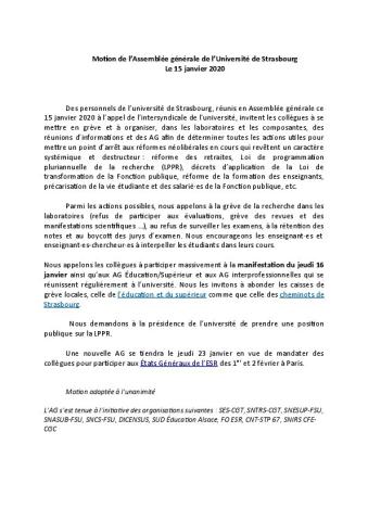 Université de Strasbourg : Motion de l'assemblée générale du 15 janvier 2020
