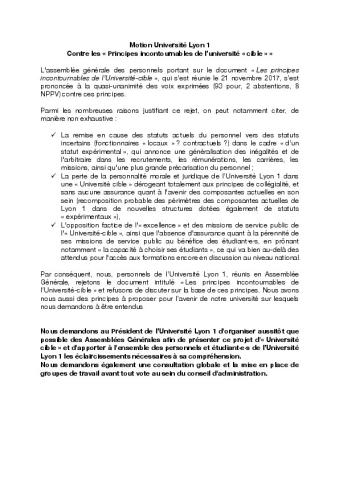 Université de Lyon 1 : Motion contre les « Principes incontournables de l’université « cible »