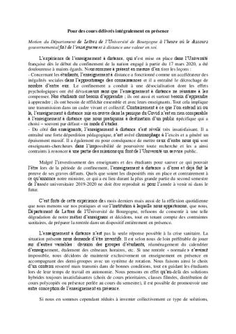 Université de Bourgogne : Motion du département de Lettres pour des cours intégralement délivrés en présence, 23 juin 2020