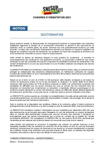 Motion doctorant-es - votée au congrès d'orientation 2021 à Rennes 