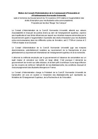 COMUE Normandie Université : Motion du conseil d’Administration du 17 décembre 2018