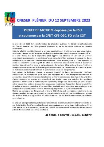 MOTION DE LA FSU - CNESER Plénier du 12 septembre 2023