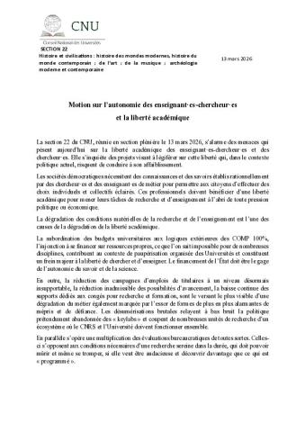 Motions sur l’autonomie des enseignant·es-chercheur·es et la liberté académique, votées le 13 mars 2026 par la section 22