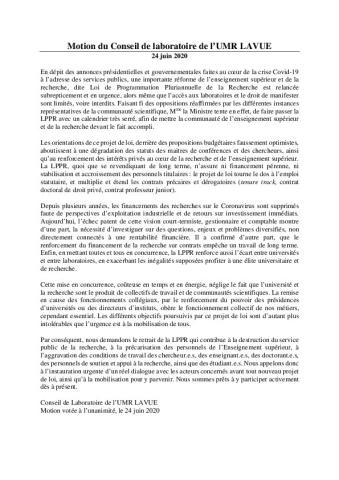 Université Paris Nanterre : Motion LPPR du Conseil de laboratoire de l’UMR LAVUE, 24 juin 2020 