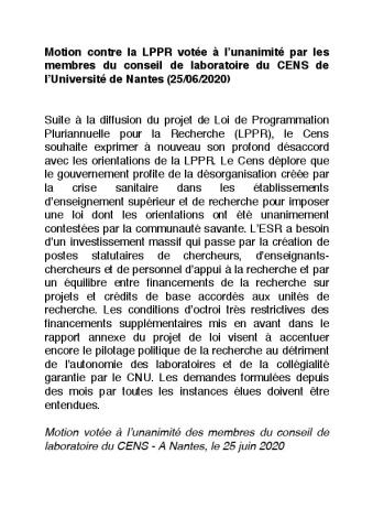 Université de Nantes : Motion contre la LPPR votée à l’unanimité par les membres du conseil de laboratoire du CENS le 25 juin 2020