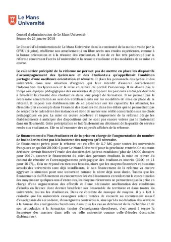 Le Mans Université : motion votée à l'unanimité par le CA du 25 janvier 2018