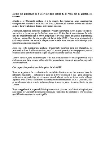 Université Toulouse Jean Jaurès : Motion des personnels, 4 mai 2018